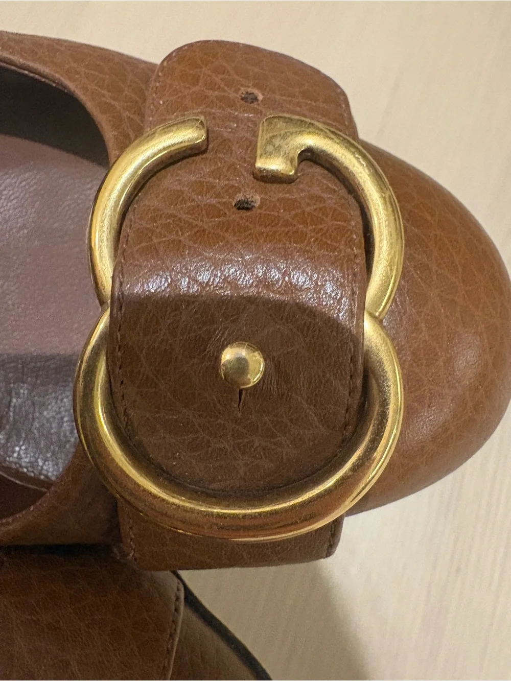 Gucci Tan Leather Heels with Gold Buckle Detail